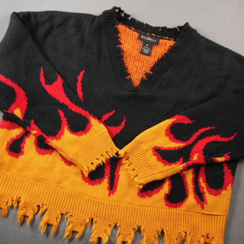 Runway 7 Distressed Flame Oversized Goth Intarsia Knit V-Neck Women Sweater XL